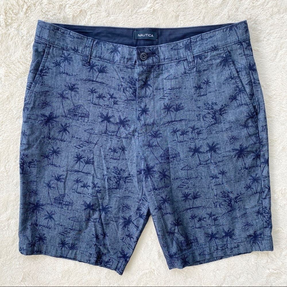 Nautica blue palm tree tiki hut flat front shorts